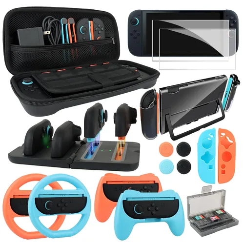 Vista 7 de Kit de accesorios para Nintendo Switch, paquete de tapas de agarre para controles redondos, estuche de transporte, protector de pantalla y control