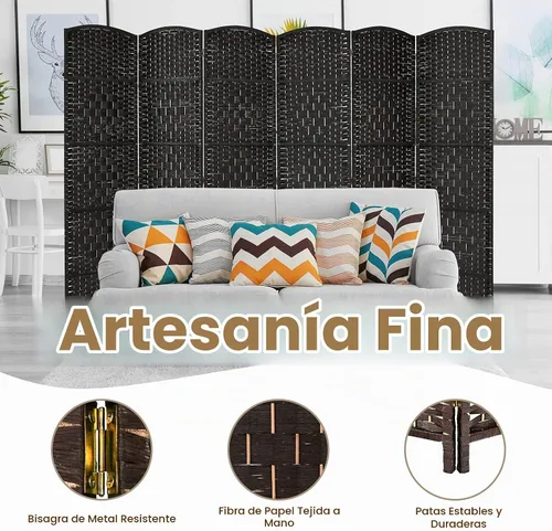 Vista 6 de Giantex Divisor de habitación de 6 paneles de 6 pies de alto, panel divisor de madera independiente con fibra de papel tejida a mano, separadores