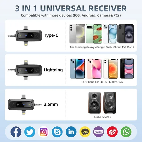 Vista 4 de Mini micrófono, 3 en 1 micrófonos de solapa inalámbricos para iPhone/iPad/Android/cámara (Lightning/USB/conector de 3.5 mm), 2 pantallas LED