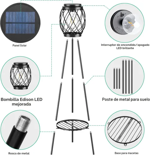 Vista 4 de MXwcy Lámpara de pie solar con soportes para plantas, luces solares para exteriores con bombillas LED Edison vintage, luces de jardín resistentes a