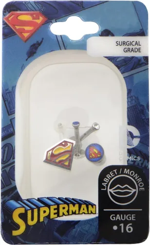 Vista 2 de DC Comics Producto oficial de Superman de acero inoxidable con gema de Labret Stud-calibre 16 (juego de 5 piezas), Acero inoxidable
