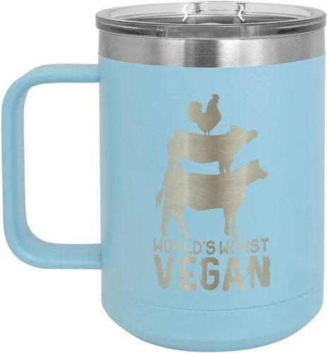 Vista 9 de Worlds Worst - Taza de café vegana negra de 15 onzas con tapa superior deslizante, taza de café de viaje aislada Idea de regalo para barbacoa