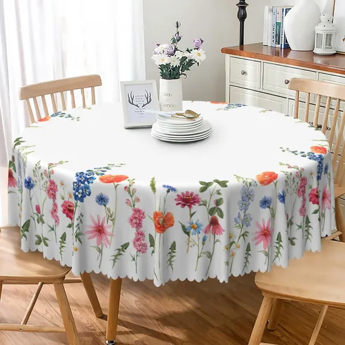 Vista 22 de Mantel redondo floral rústico de 48 pulgadas, con estampado botánico de flores en acuarela verde, azul y gris, a prueba de derrames y aceite, tela