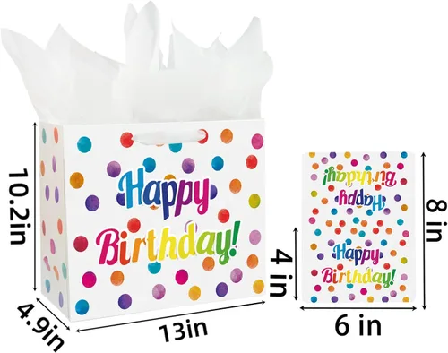 Vista 2 de Bolsa de regalo de cumpleaños grande de 13 pulgadas con tarjetas y papeles de seda para niños con asas (puntos)