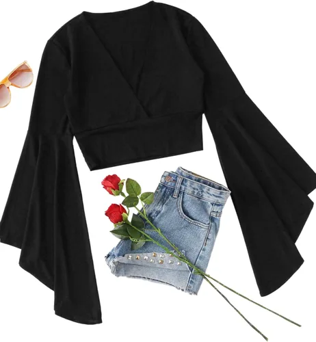 Vista 6 de Floerns - Blusa de manga larga acampanada envolvente con cuello en V para mujer