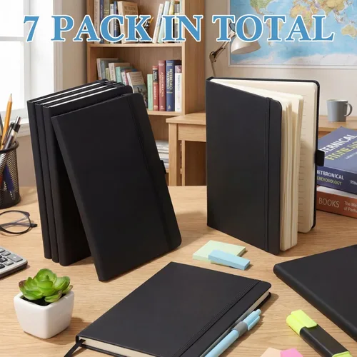 Vista 6 de Laumoi 7 Pack Hardcover Journal Notebooks Bulk A5/A4/B5 Journaling Notebook Wide Ruled PU Leather Ruled Lined Journals with Pen Holder for School