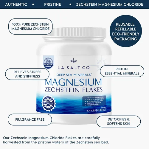 Vista 4 de LA Salt CO Deep Sea Minerals Magnesium Bath Flakes – Tarro de 4.4 libras, Zechstein en el interior, alternativa de baño natural a la sal de Epsom