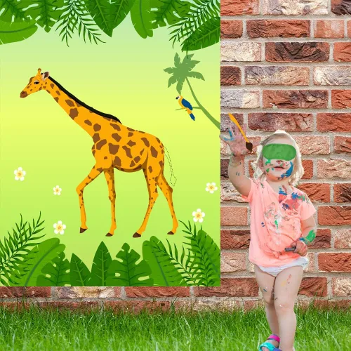 Vista 5 de Suministros de fiesta de cumpleaños de la selva, Pin The Tail en la jirafa, Safari Theme Zoo Birthday Party Favor, decoración
