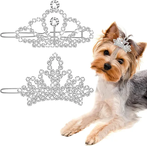 Vista 8 de MTLEE Accesorios para el cabello con diamantes de imitación de cristal, 2 pinzas de tiara para perros, niñas y disfraces de aseo de mascotas (rosa)
