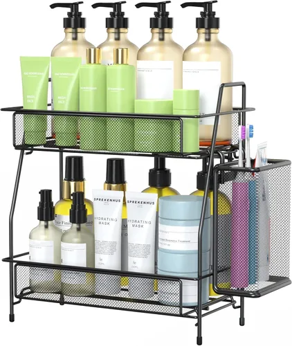 Vista 9 de Organizador de baño con canasta, bandeja de baño de 2 niveles para estante de almacenamiento de encimera, organizador de encimera de baño