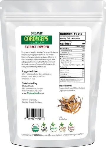 Vista 2 de Z Natural Foods - Polvo orgánico de extracto de hongos Cordyceps - Soluble en agua Rico en polisacáridos, para café, té, sopa y batidos