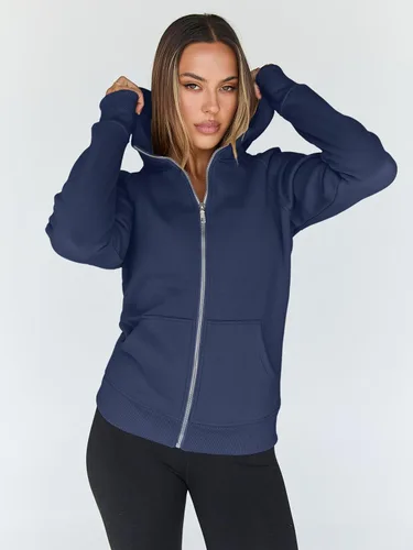 Vista 11 de Trendy Queen Sudaderas con capucha y cremallera para mujer, chaquetas de vellón, talla extragrande, moda de otoño e invierno