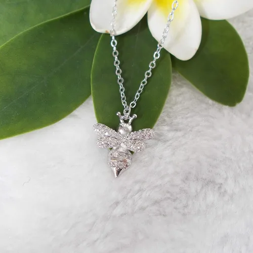 Vista 6 de 925 Sterling Silver Cute Bee Zirconia Pendant Necklace White Gold Plated Fashion Jewelry Gift 16"-18" WK99048
