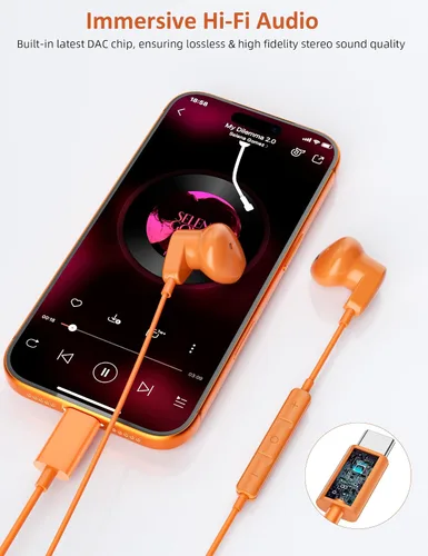 Vista 5 de ACAGET Auriculares USB C para iPhone 17 Pro Max Air 16 15 Plus/iPad Pro Air Mini, auriculares tipo C con cable con micrófono de llamada