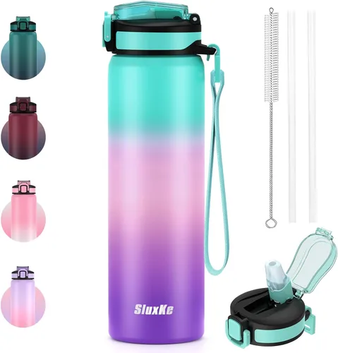 Vista 11 de SLUXKE Botella de agua de 24 onzas aislada con pajilla, botella de agua de acero inoxidable 18/8 de doble pared con correa de transporte, botella