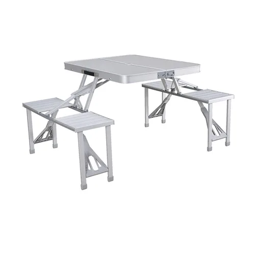 Vista 2 de Marbueno Set Mesa y 4 Asientos con Agujero Sombrilla Plegable Aluminio Gris Camping y Playa 136X85X67 cm 10439