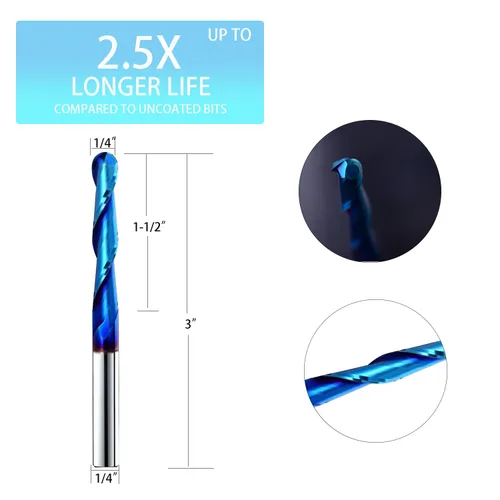 Vista 2 de Nariz esférica Cortador de fresado de extremo de 0.1 grados Fresas de enrutador CNC Herramienta de fresado en espiral con revestimiento nano azul