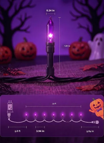 Vista 5 de Luces moradas de Halloween para exteriores, 33 pies, 100 luces LED impermeables de Navidad con 8 modos de iluminación, decoraciones de Halloween