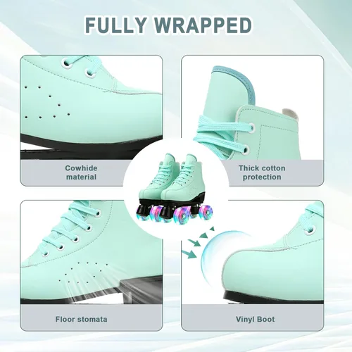 Vista 8 de Patines de ruedas para mujeres y hombres, zapatos altos de piel de vacuno, patines clásicos de doble fila, patines de cuatro ruedas para hombres