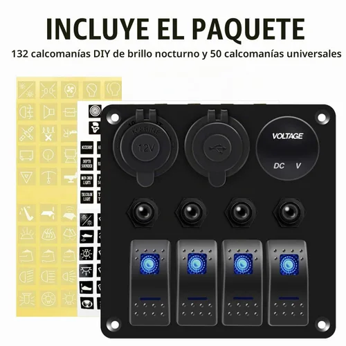Vista 4 de FXC Panel de interruptor basculante azul de barco marino impermeable de 4 vías con enchufe USB QC3.0 y ranura tipo C + encendedor de cigarrillos +