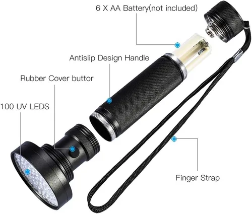 Vista 6 de Headerbs 9V IPX-6 100 LED Blacklight Scorpion 395-400nm Violeta Linterna Detección Antorcha Luz