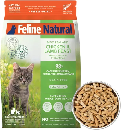 Vista 13 de Alimento para gatos seco de alta proteína Feline Natural, dieta liofilizada con 98% de carne, órganos y mariscos, sin guisantes, granos o aditivos