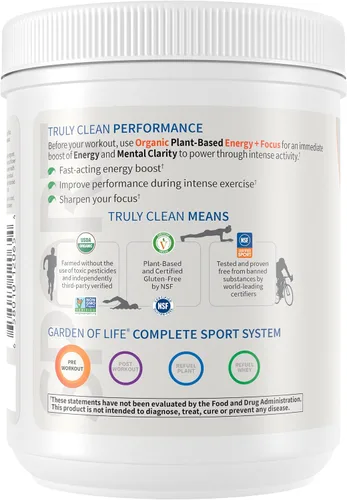 Vista 5 de Garden of Life Sport - Polvo orgánico a base de plantas Energy + Focus para antes de entrenar, sabor zarzamora. Preentrenamiento limpio con 3 oz