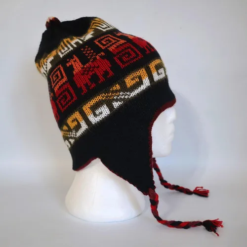 Vista 2 de Gorro de invierno con mezcla de lana de alpaca Chullo Peruano Inca Diseño Reversible con orejeras. Gorro de tamaño mediano, Unisex