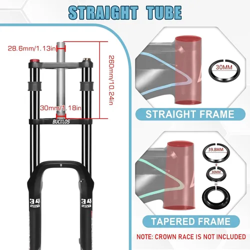 Vista 3 de BUCKLOS 20 pulgadas 4.0 Fat Tire Bike Suspension Tenedor, 7.087 in Travel 5.315 in Spacing Hub 0.354 in QR Ebike Oil MTB Fat Fork, Doble Corona