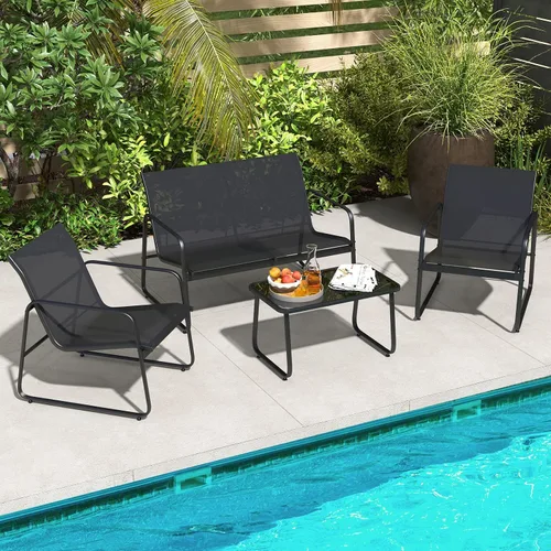 Vista 2 de Tangkula Juego de muebles de patio de 4 piezas, juego de conversación al aire libre con mesa de centro de vidrio templado, juego de muebles