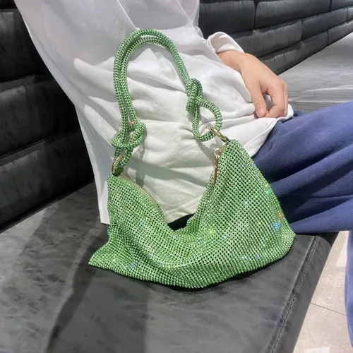Vista 3 de Bolso Hobo con diamantes de imitación para mujer, elegante bolso de noche brillante plateado con diamantes de imitación, bolso dorado