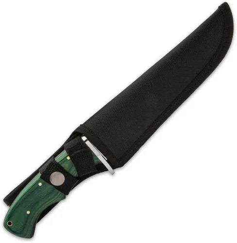 Vista 2 de Timber Wolf Celtic Legend - Cuchillo de hoja fija con vaina, hoja de acero inoxidable 3CR13, mango de madera verde Kelly, protector de acero