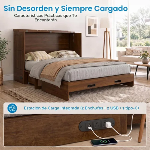 Vista 5 de Mjkone Murphy - Cama de gabinete con colchón de tres pliegues, Queen, nogal negro