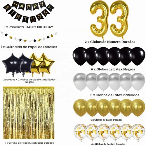 Vista 2 de Decoraciones de cumpleaños número 33, negro y dorado, pancarta de feliz cumpleaños, 33 globos, suministros de decoración