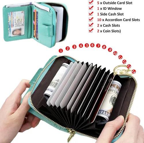 Vista 4 de Beurlike Cartera de tarjeta de crédito RFID para mujer, estuche organizador de cuero para mujer, pequeño titular de la tarjeta de seguridad