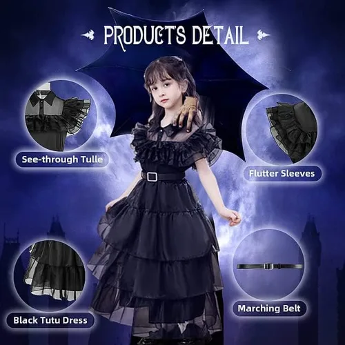 Vista 2 de Emonyna Wednesday Addams - Vestido para niñas y niños, disfraz de cosplay de la familia, uniforme de la academia, vestidos de baile de Halloween