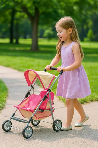 Vista 4 de Fash n kolor, Twin Doll Double Stroller Pink & Off-White Design Easy to Fold Double Stroller with Basket in The Bottom Rosa