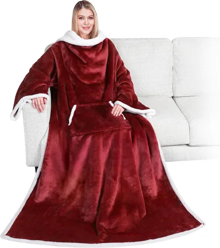 Vista 12 de PAVILIA Manta Sherpa Vestible con Mangas y Bolsillo, Manta Corporal Envolvente Gruesa de Felpa Acogedora para Adultos Mujeres Hombres, Regalo