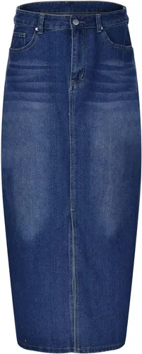Vista 3 de Faldas de mezclilla con dobladillo dividido para mujer, estilo retro, con botones de exposición y cremallera, longitud completa, acampanada, cola