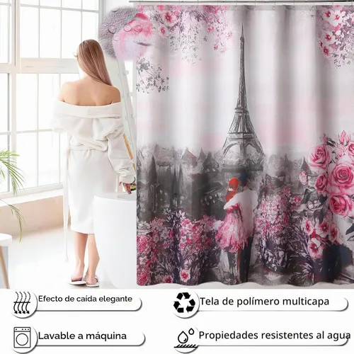 Vista 6 de Juego de accesorios de baño con cortina de ducha y tapete de baño rosado de París