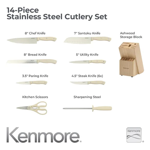 Vista 3 de Kenmore Kane - Juego de 14 cuchillos de cocina de acero inoxidable, asas ABS de triple remache, blanco crema, para chef, pan, utilidad, pelar