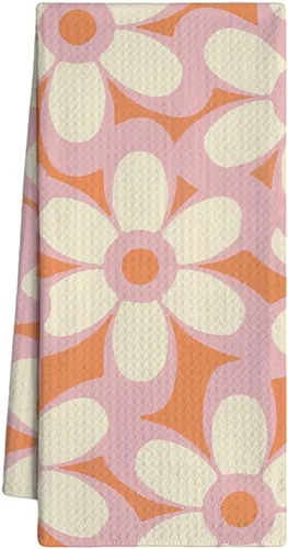 Vista 4 de Toallas de cocina retro florales de 16 x 24 pulgadas, toallas de mano retro de los años 70 con diseño de flores felices para baño, decoración floral