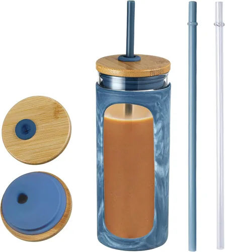 Vista 33 de Kodrine Vaso para agua de vidrio de 20 onzas con popote y tapa, botella de agua con tapas de bambú, taza para café helado, reutilizable, boca ancha
