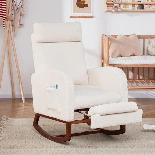 Vista 11 de Silla mecedora para guardería, balancín de respaldo alto con reposapiés, color beige Rocking Chair Nursery with Footrest Storage Pocket