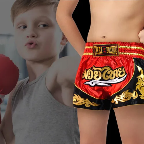 Vista 6 de Pantalones cortos de Muay Thai para niños (4 años a 10 años) para boxeo, kickboxing, artes marciales mixtas, entrenamiento para niños y niñas