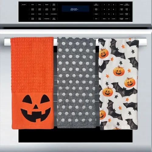 Vista 7 de Haunted - Juego de toallas de mano de cocina de Halloween: Jack O' Lantern Orange Terry Loop, lazo de rizo de punto blanco elevado, diseños