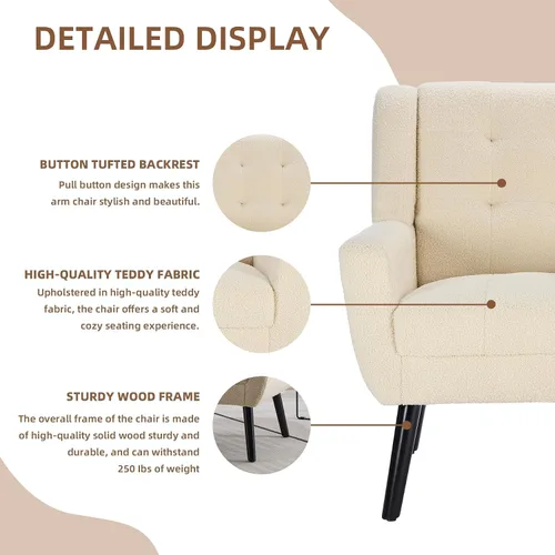 Vista 4 de Dolonm Midcentury - Silla moderna de peluche con brazos, silla lateral de lectura tapizada con respaldo copetudo, silla decorativa con respaldo