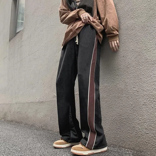 Vista 11 de Skateboard Frog Pantalones de chándal para hombre Patchwork Open Wide Bottom Suede Casual Pantalones de pierna recta