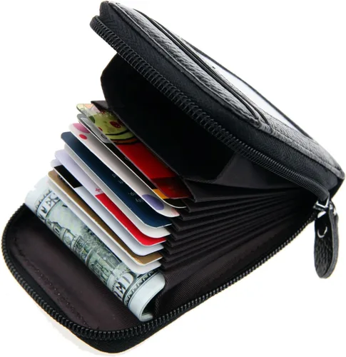 Vista 2 de RFID mini organizador de tarjetas de crédito, cuero auténtico, billetera compacta con visor de identificación, S, Negro