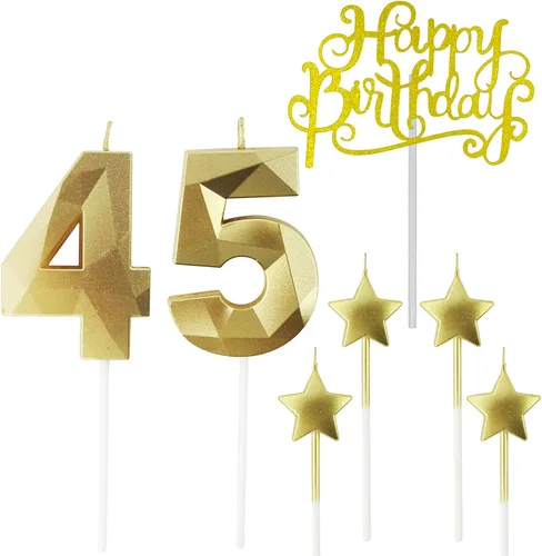 Vista 15 de Velas de cumpleaños doradas con número 20 y velas de estrella de cumpleaños de 7 cm Velas para pastel de cumpleaños en forma de diamante 3D son